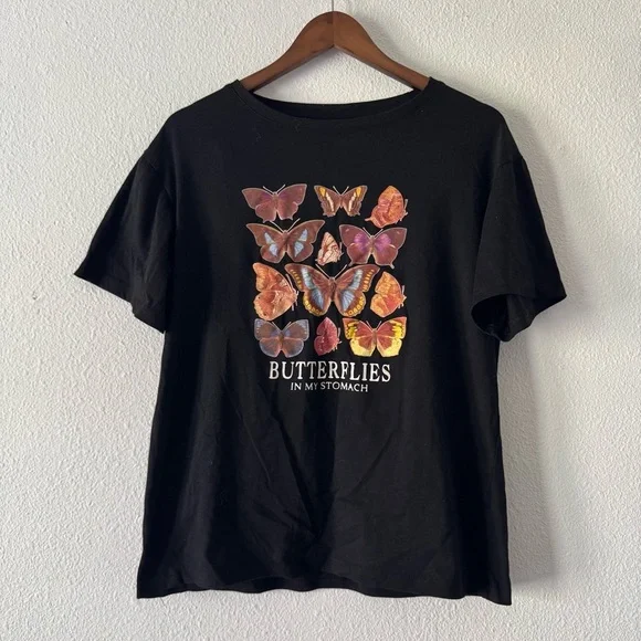 Black Butterfly Graphic Tee Butterflies in My Stomach Large Whimsy Y2K Vibe Boho - Picture 8 of 8